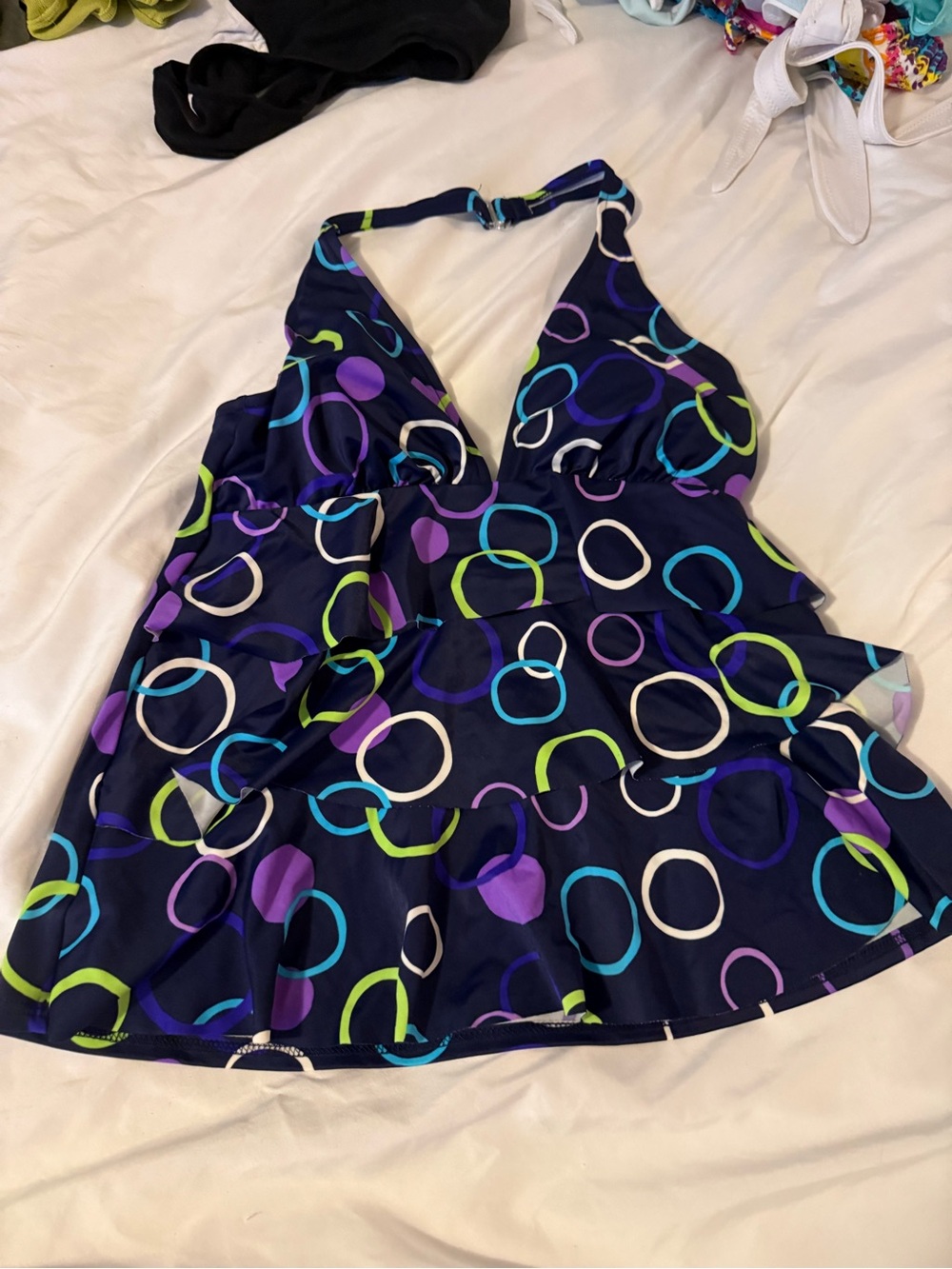 Caribbean Joe Navy Halter Swim Top with Pastel Tie-Dye Accents